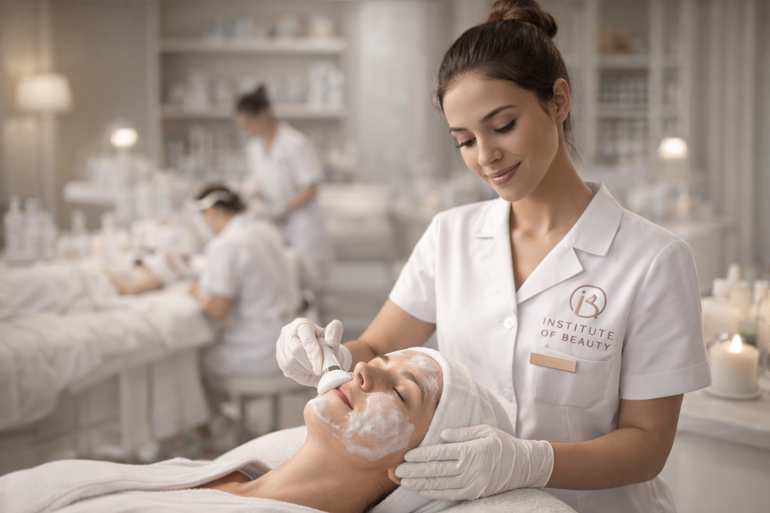 Student performing facial training at Institute of Beauty Brisbane