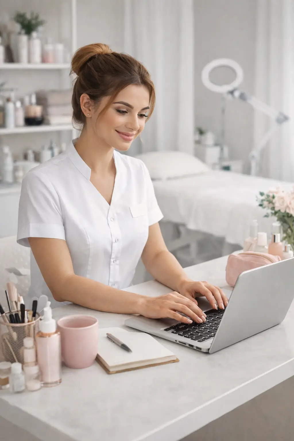 Beauty therapist studying and working in salon environment