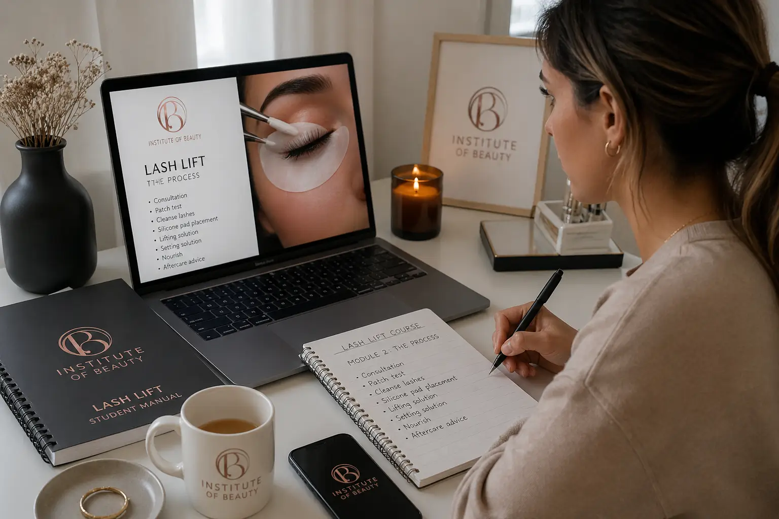 Student studying online lash lift and tint course with Institute of Beauty