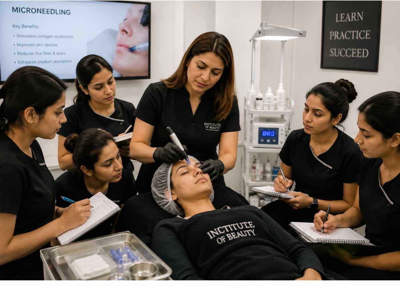 Institute of Beauty student skin needling training