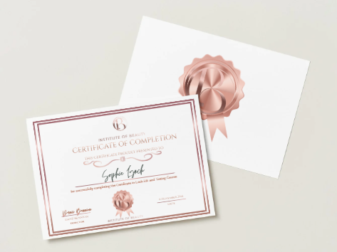 Institute of Beauty lash lift and tint certificate